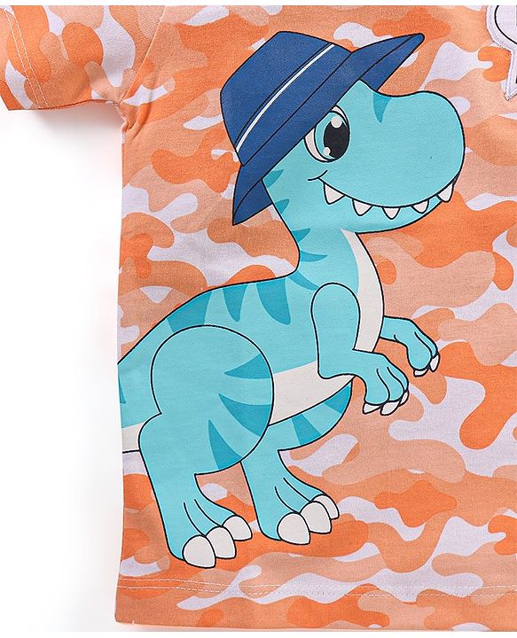 Babyhug Cotton Half Sleeves Camouflage T-Shirt Dino Print - Orange & White