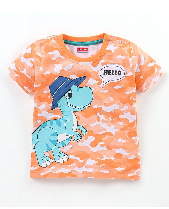 Babyhug Cotton Half Sleeves Camouflage T-Shirt Dino Print - Orange & White