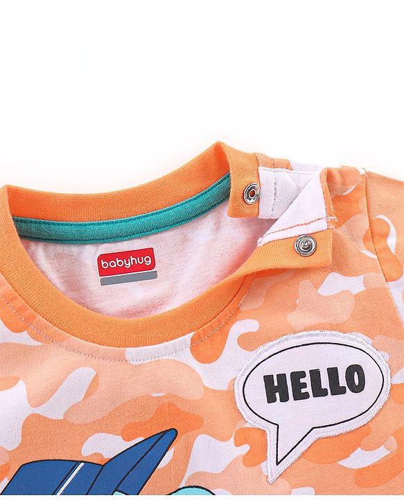 Babyhug Cotton Half Sleeves Camouflage T-Shirt Dino Print - Orange & White