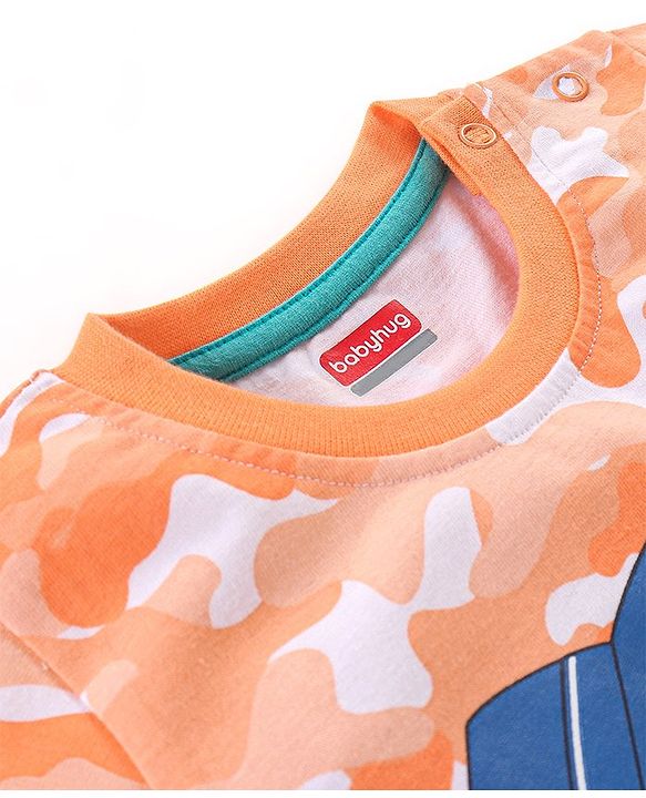 Babyhug Cotton Half Sleeves Camouflage T-Shirt Dino Print - Orange & White
