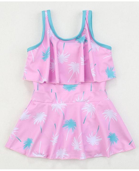 Babyhug Sleeveless Frock Swimsuit Tropical Print - Pink