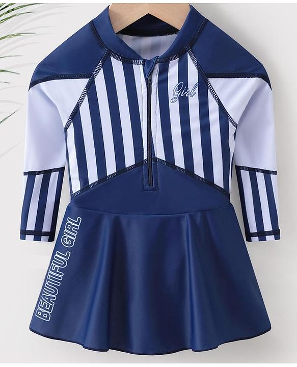 Babyhug Full Sleeves Frock Swimsuit Striped- Blue