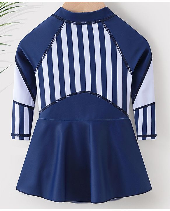 Babyhug Full Sleeves Frock Swimsuit Striped- Blue