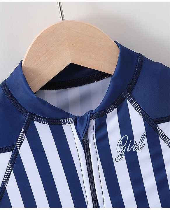 Babyhug Full Sleeves Frock Swimsuit Striped- Blue