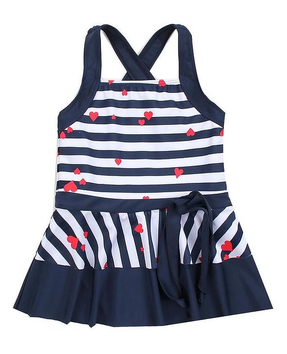 Babyhug Sleeveless Frock Swim Suit Stripes & Heart Print- Navy Blue & White