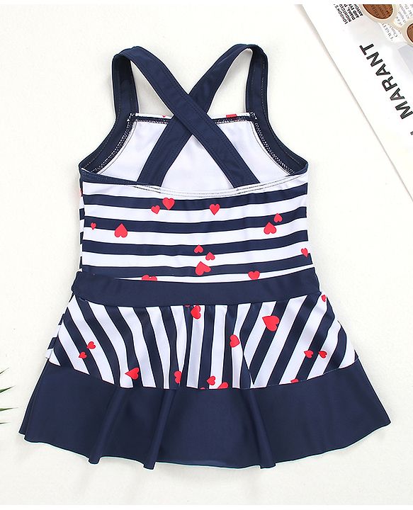 Babyhug Sleeveless Frock Swim Suit Stripes & Heart Print- Navy Blue & White