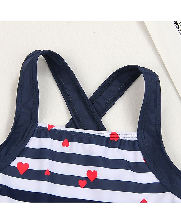 Babyhug Sleeveless Frock Swim Suit Stripes & Heart Print- Navy Blue & White