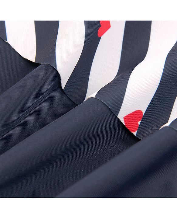 Babyhug Sleeveless Frock Swim Suit Stripes & Heart Print- Navy Blue & White