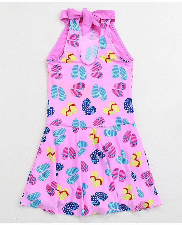Babyhug Sleeveless Frock Swimsuit Slipper Print - Pink