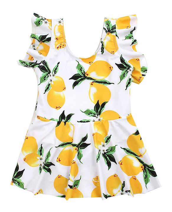 Babyhug Frill Sleeves Frock Swimsuit Fruit Print - White & Yellow