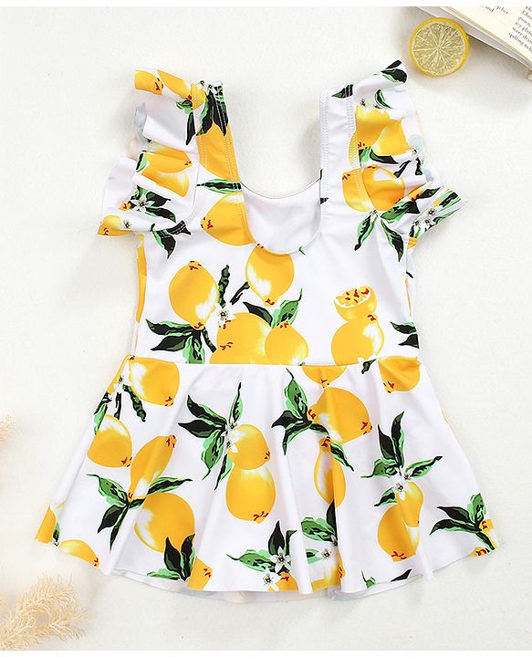 Babyhug Frill Sleeves Frock Swimsuit Fruit Print - White & Yellow