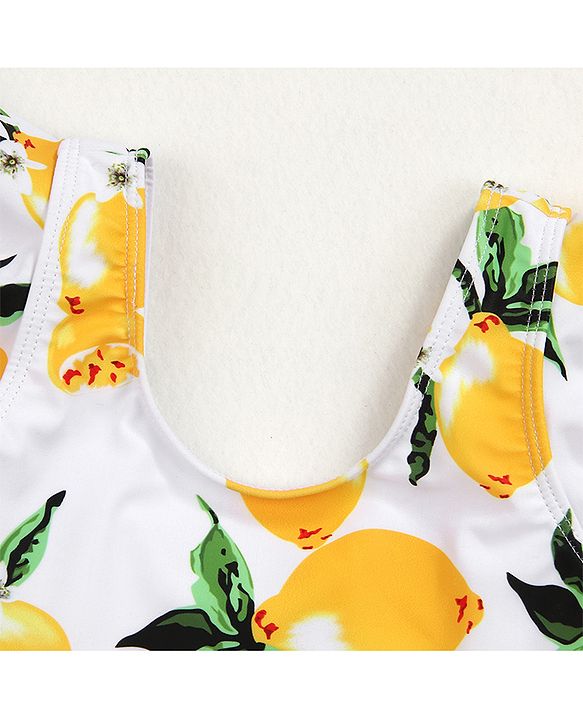 Babyhug Frill Sleeves Frock Swimsuit Fruit Print - White & Yellow