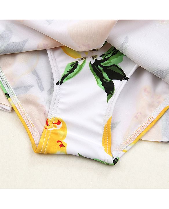Babyhug Frill Sleeves Frock Swimsuit Fruit Print - White & Yellow