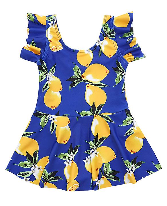 Babyhug Frill Sleeves Frock Swimsuit Fruit Print - Navy & Yellow