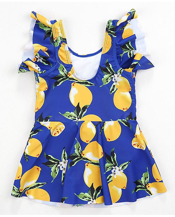 Babyhug Frill Sleeves Frock Swimsuit Fruit Print - Navy & Yellow