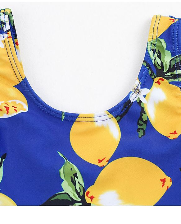 Babyhug Frill Sleeves Frock Swimsuit Fruit Print - Navy & Yellow