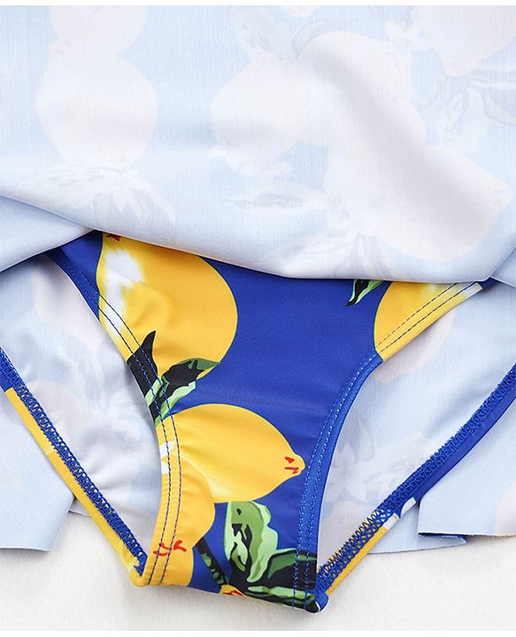 Babyhug Frill Sleeves Frock Swimsuit Fruit Print - Navy & Yellow
