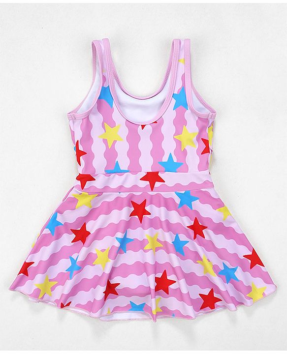 Babyhug Sleeveless Frock Swimsuit Stars Print - Pink