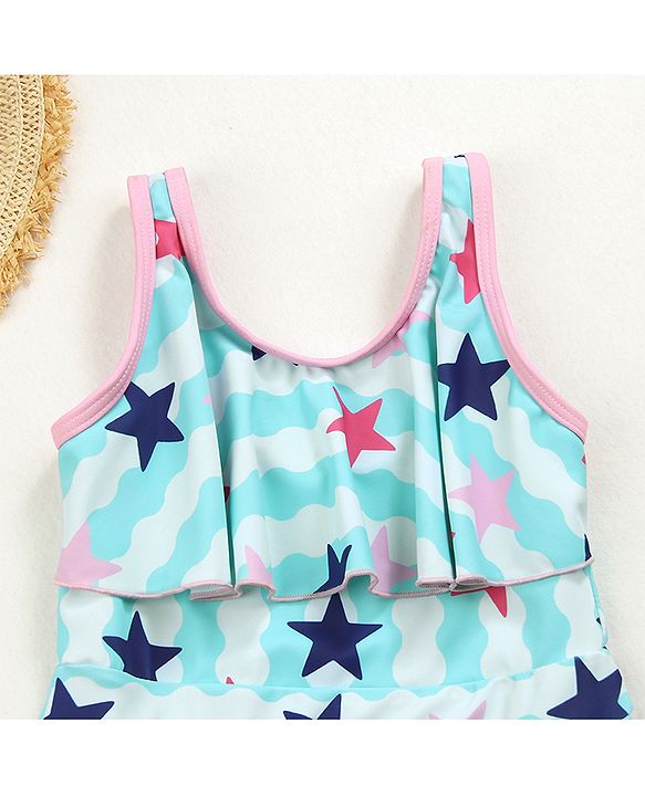 Babyhug Sleeveless Frock Swimsuit Star Print - Blue