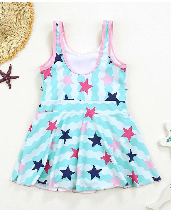 Babyhug Sleeveless Frock Swimsuit Star Print - Blue