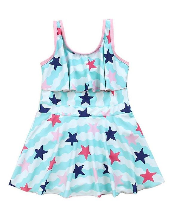 Babyhug Sleeveless Frock Swimsuit Star Print - Blue