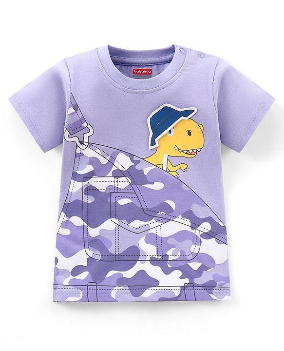 Babyhug Cotton Half Sleeves Tee With Dino & Camo Print- Purple