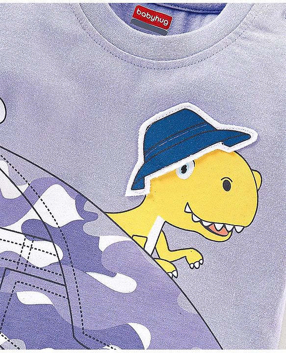 Babyhug Cotton Half Sleeves Tee With Dino & Camo Print- Purple
