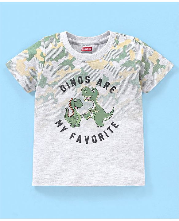 Babyhug Cotton Half Sleeves T-Shirt Dino Print - White & Melange