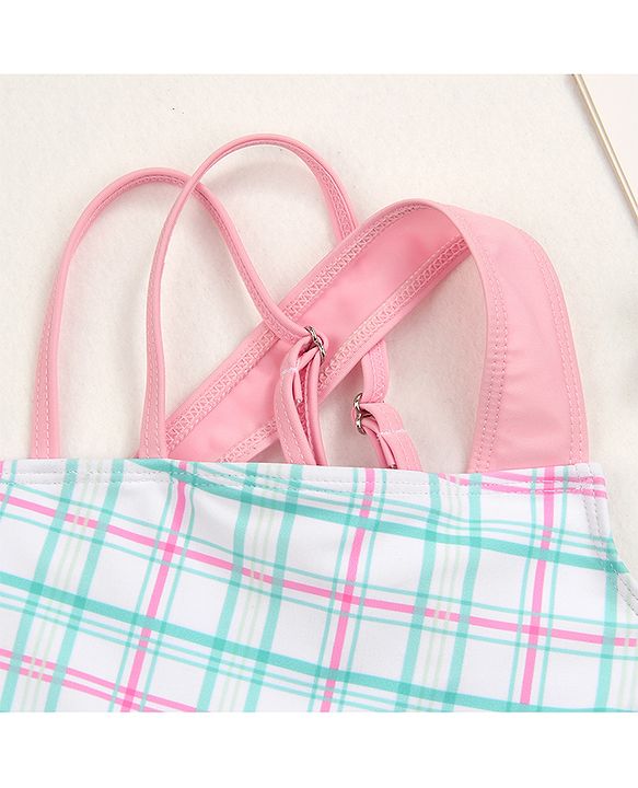 Babyhug Sleeveless Checkered Frock Swimsuit - Blue & Pink