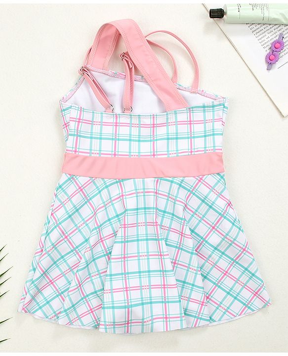 Babyhug Sleeveless Checkered Frock Swimsuit - Blue & Pink