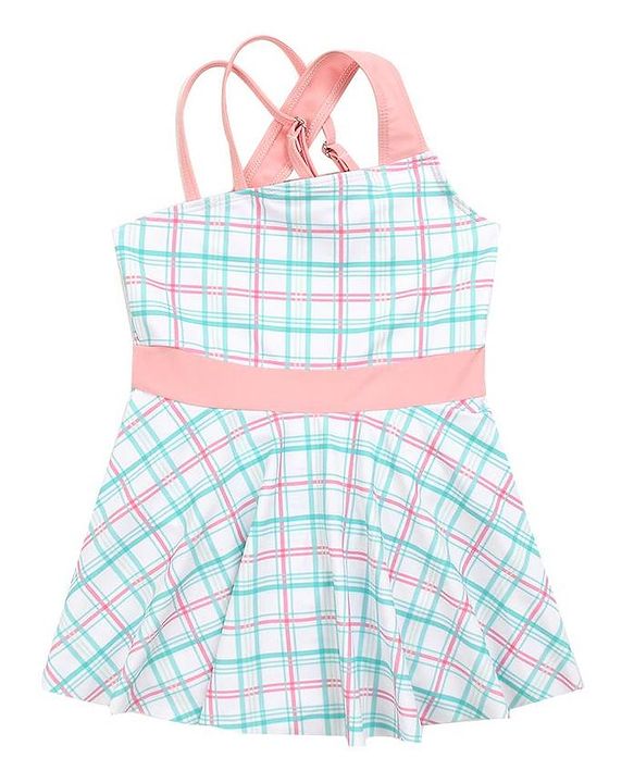 Babyhug Sleeveless Checkered Frock Swimsuit - Blue & Pink