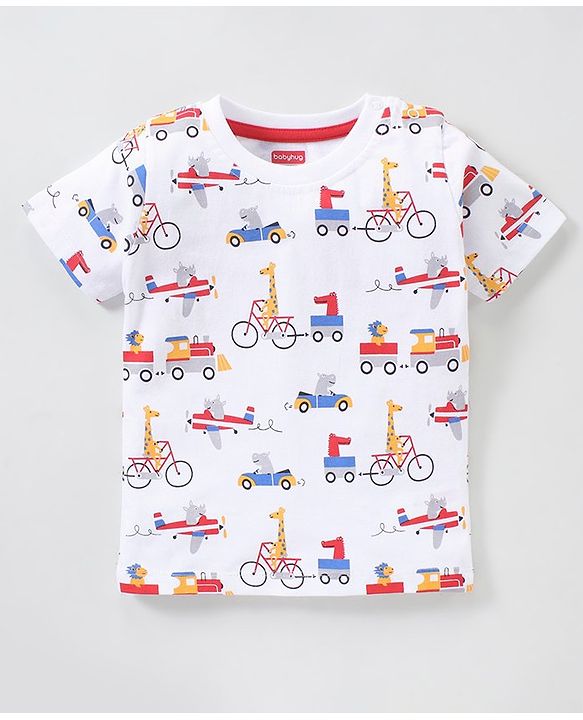 Babyhug Cotton Knit Half Sleeves Giraffe Print & Stripes T-Shirt Pack Of 3 - Blue Red & White