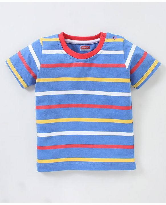 Babyhug Cotton Knit Half Sleeves Giraffe Print & Stripes T-Shirt Pack Of 3 - Blue Red & White