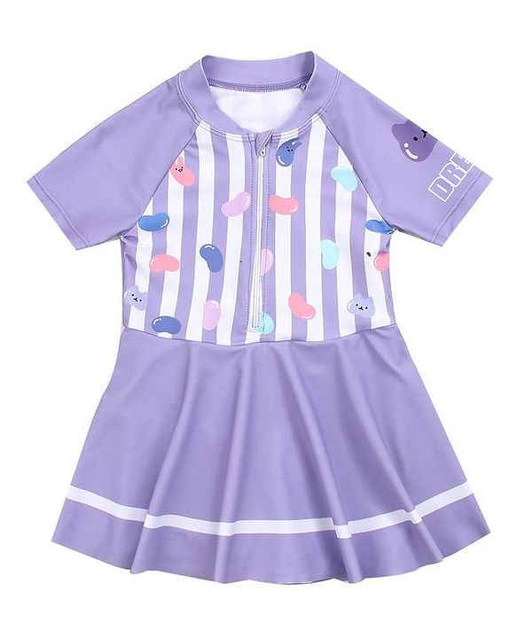 Babyhug Half Sleeves Frock Swimsuit Beans Print - Purple