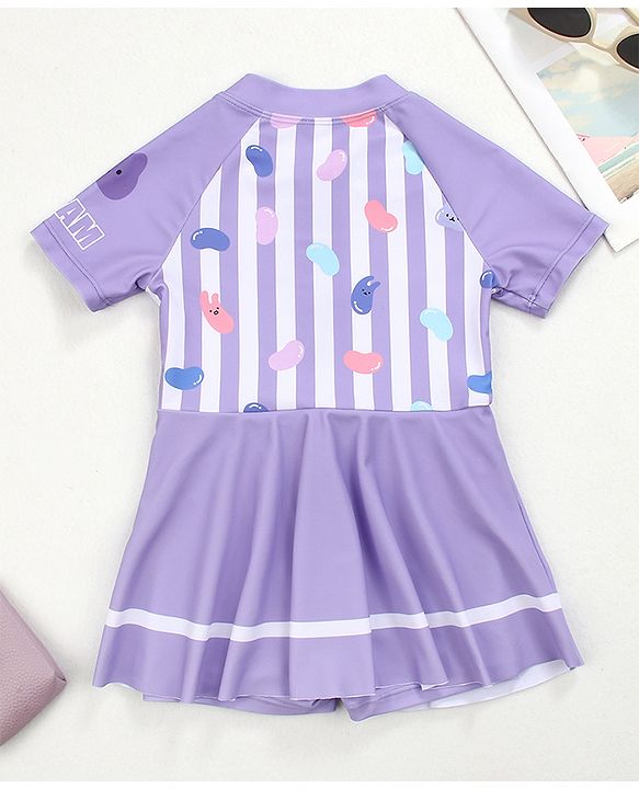 Babyhug Half Sleeves Frock Swimsuit Beans Print - Purple