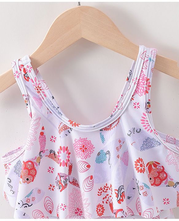 Babyhug Sleeveless Frock Swimsuit Floral Print- White & Red
