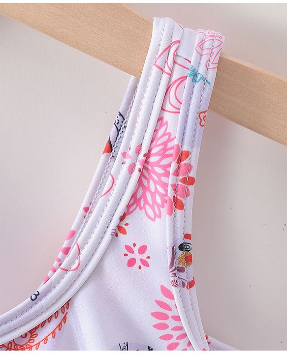 Babyhug Sleeveless Frock Swimsuit Floral Print- White & Red