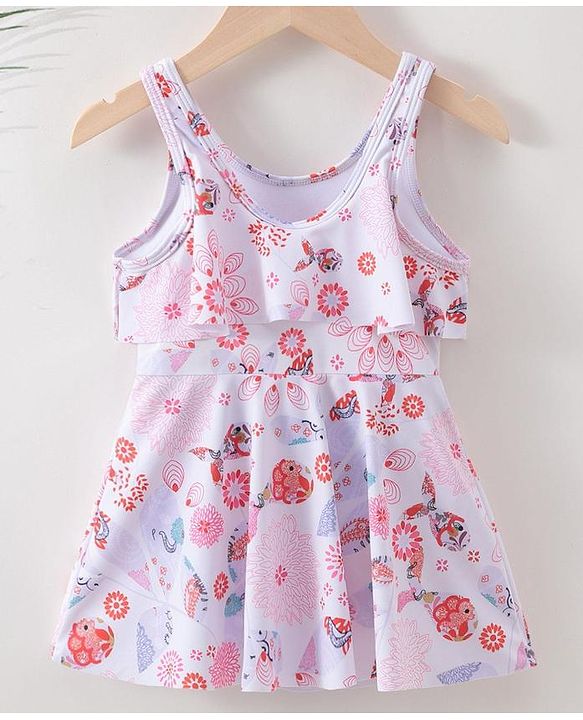 Babyhug Sleeveless Frock Swimsuit Floral Print- White & Red