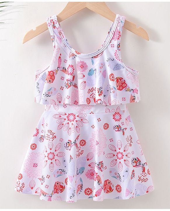 Babyhug Sleeveless Frock Swimsuit Floral Print- White & Red