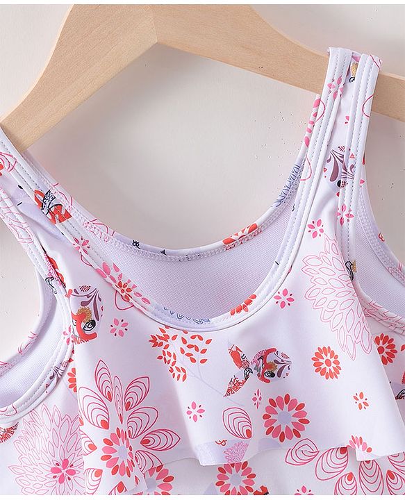 Babyhug Sleeveless Frock Swimsuit Floral Print- White & Red