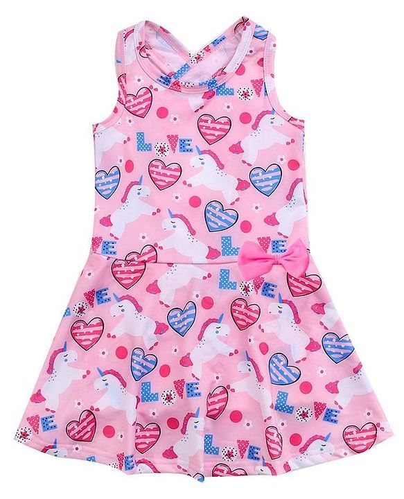 Babyhug Sleeveless Heart Print Frock Swimsuit with Bow Applique - Pink