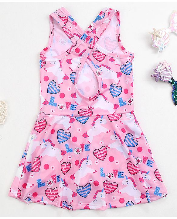 Babyhug Sleeveless Heart Print Frock Swimsuit with Bow Applique - Pink