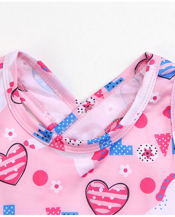 Babyhug Sleeveless Heart Print Frock Swimsuit with Bow Applique - Pink