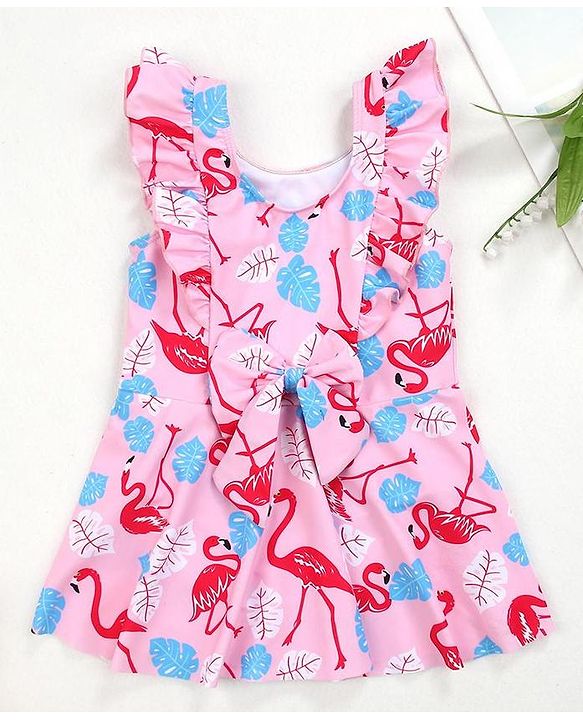 Babyhug Frill Sleeves Frock Swimsuit Flamingo Print - Pink