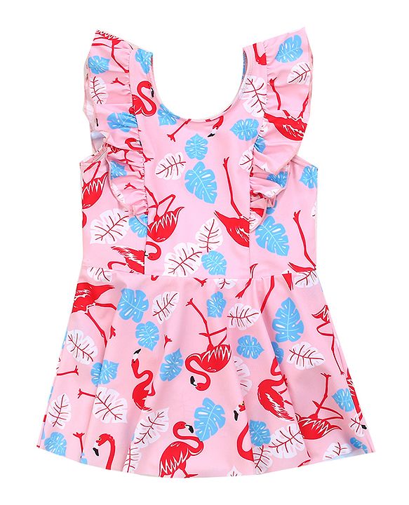 Babyhug Frill Sleeves Frock Swimsuit Flamingo Print - Pink