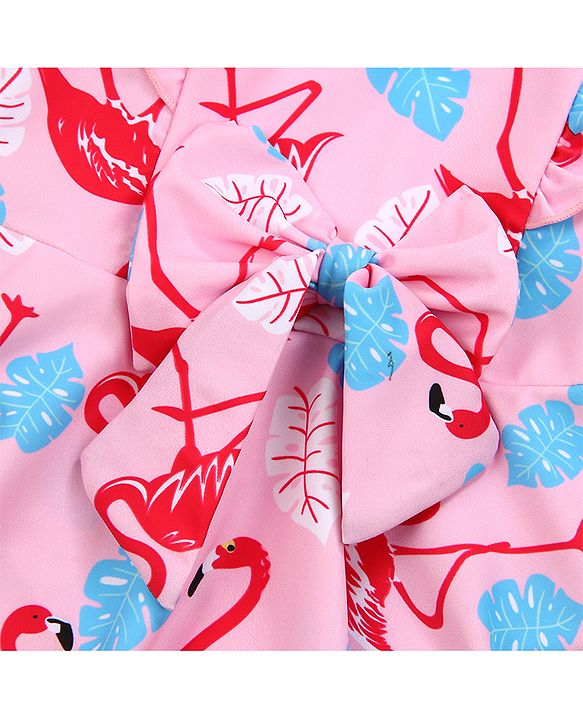 Babyhug Frill Sleeves Frock Swimsuit Flamingo Print - Pink