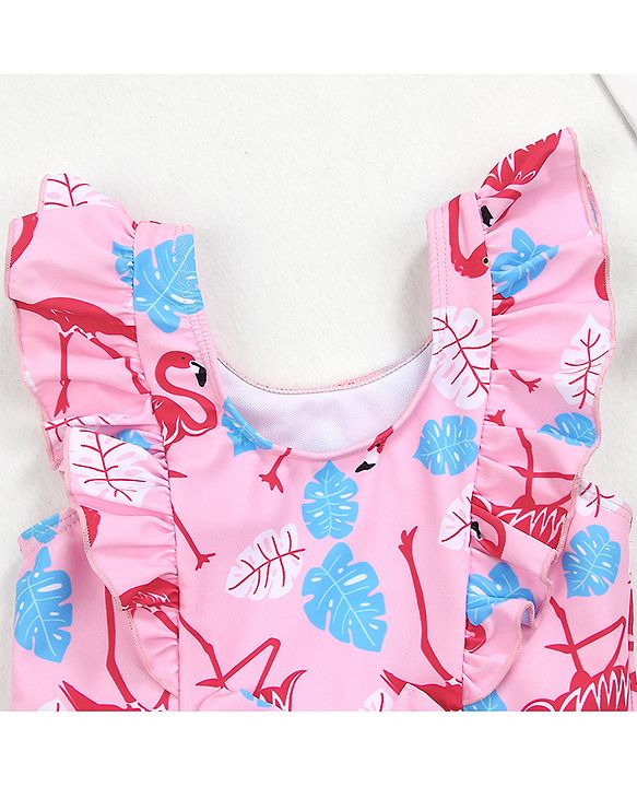 Babyhug Frill Sleeves Frock Swimsuit Flamingo Print - Pink