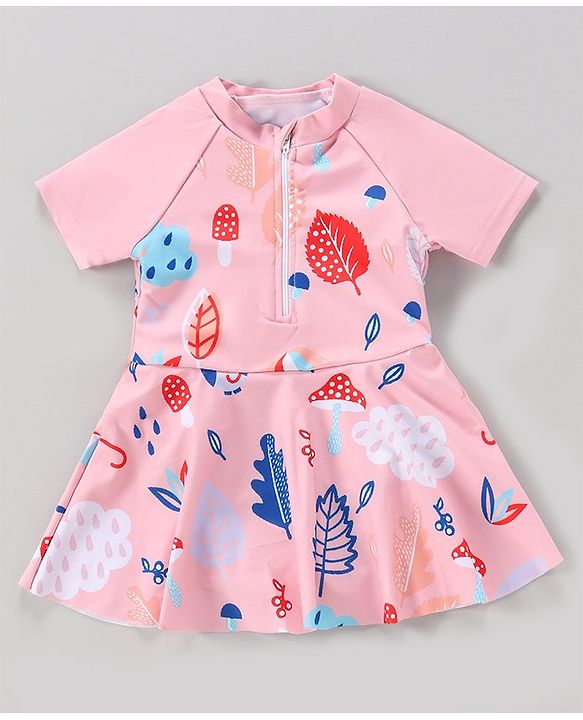 Babyhug Full Sleeves Frock Swimsuit Leaf Print- Pink