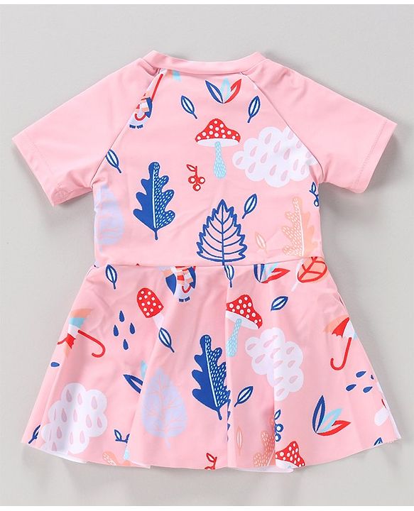 Babyhug Full Sleeves Frock Swimsuit Leaf Print- Pink
