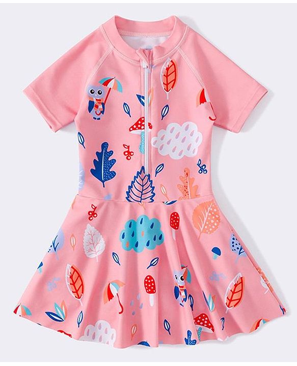 Babyhug Full Sleeves Frock Swimsuit Leaf Print- Pink